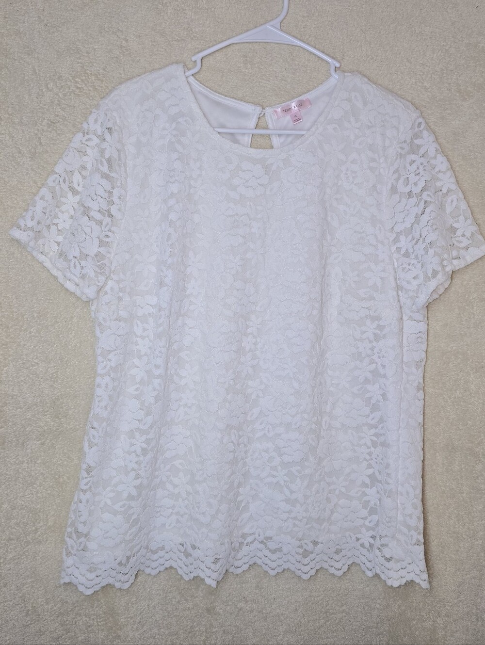 Teddi Rose White Floral Lace Top Scalloped Hem Back Keyhole Closure Size XL